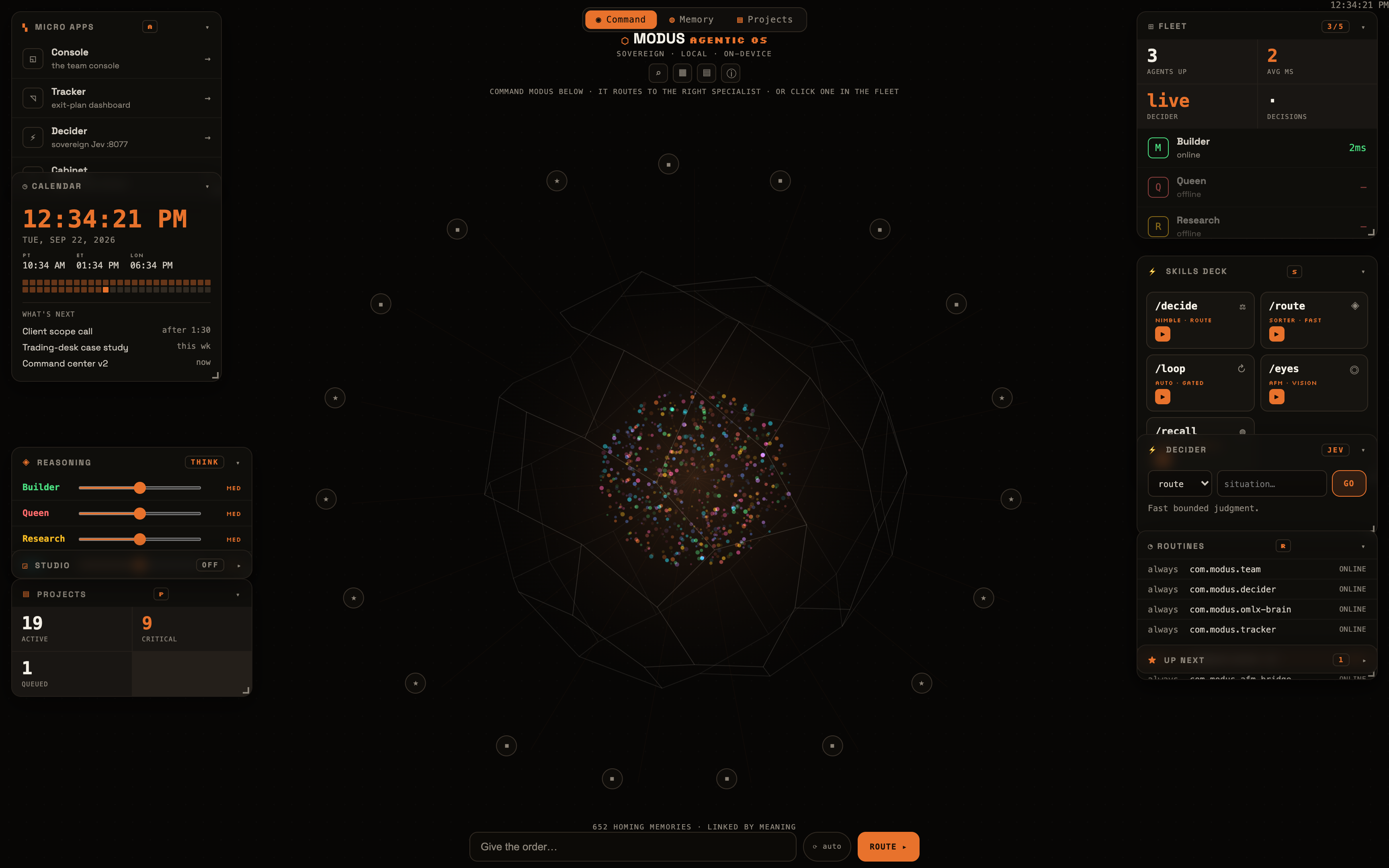 MODUS Agentic OS — a private on-device command center running an AI fleet